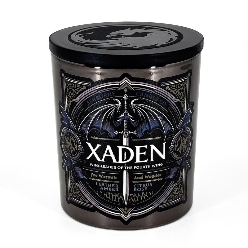 Xaden - Fourth Wing Inspired 8oz Scented Candle - Leather, Amber, Citrus, Rose - Natural Coconut Wax - 35 h Burn Time - Premium Foil Label dark candles