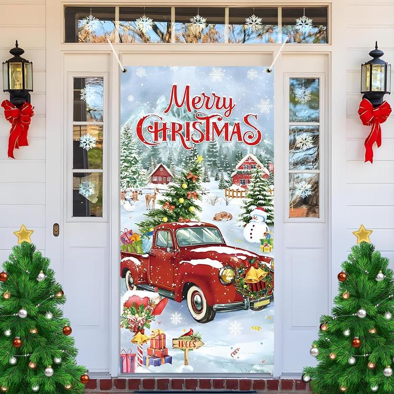 Merry Christmas Car Pattern Door Banner, 1 Count Christmas Themed Door Banner with 4 Grommets, Festive & Party Supplies for Home & Outdoor