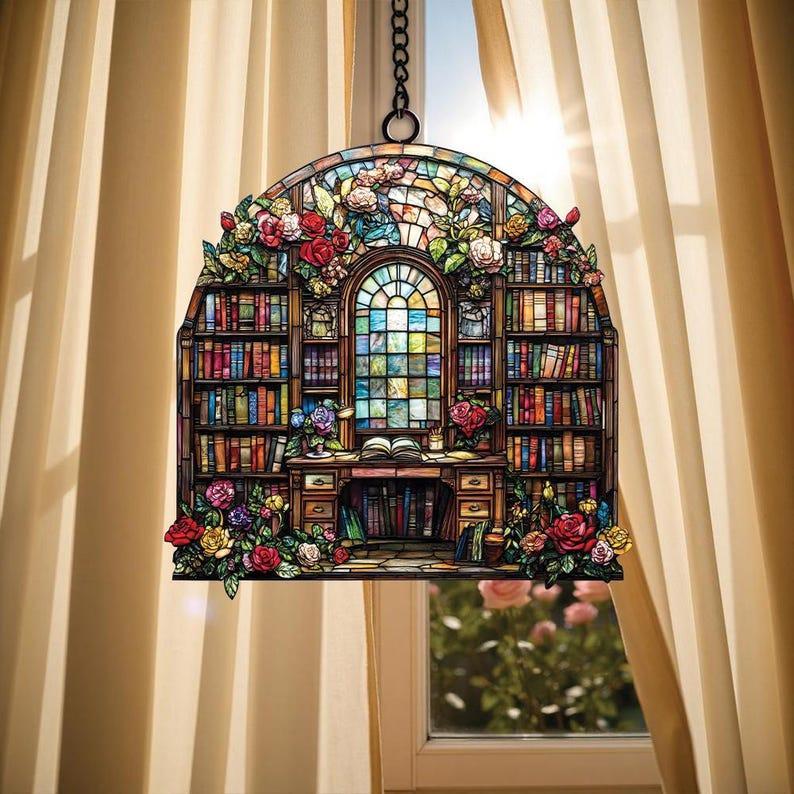 Book Lover’s Library Bookshelf Suncatcher, Acrylic Faux Stained Glass, Bookish Window Hanging Decor, Librarian and Teacher Gift Room Decor