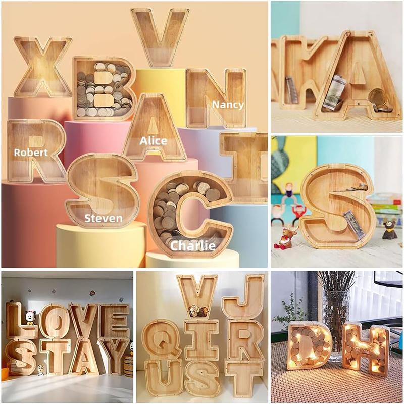 Wooden Alphabet Little Piggy Bank Toy, Large Size, 26 Letters, Personalized Name, Transparent Piggy Bank, Perfect Christmas, Gift for Children, Adults, and Home Decor Ornaments