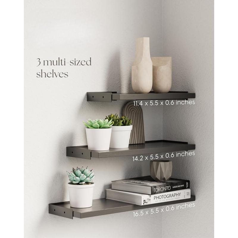 Wall Shelves for Bedroom Decor, Floating Shelves for Wall Storage, Wall Mounted Rustic Wood Shelf for Books,Plants,Small Wall Shelf for Bathroom,Kitchen,Living Room(Black,Set of 3)