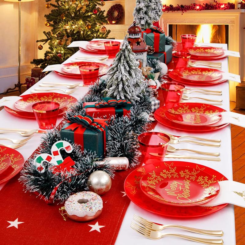 Nervure 175PCS Christmas Disposable Plates, Red and Gold Plastic Plates Set, Red Gold Dinnerware Set Includes: 50PCS Plates, 25Cutlery Sets, 25PCS Cups, 25PCS Napkins,for Christmas party, wedding