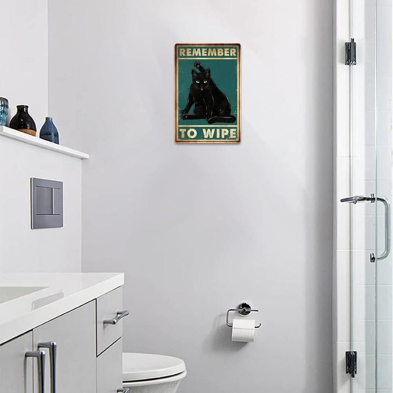 Remember to Wipe Funny Black Cat Poster Vintage Cat Bathroom Sign Decor, Aluminum, 12