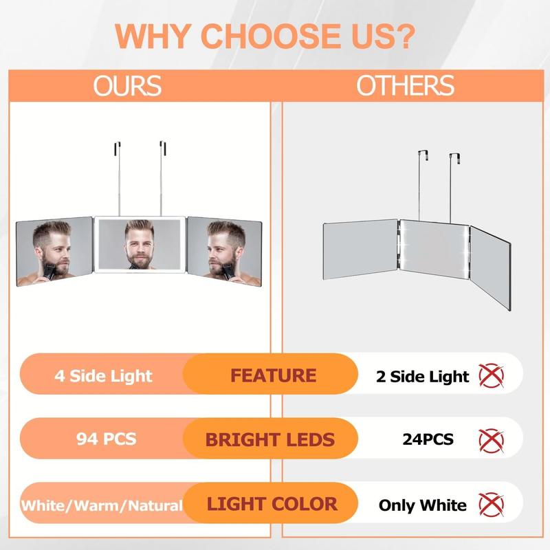 3 Way Mirror with 3 Colors Light, Rechargeable Self Cut Mirror Trifold Mirrors, Adjustable Barber Mirror Telescoping Hooks for Self Hair Portable