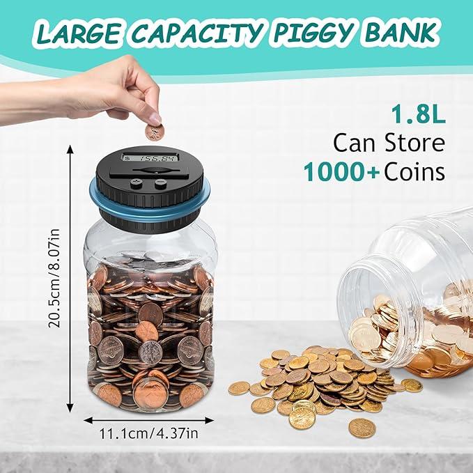 Coin Piggy Bank Saving Jar,1.8L Digital Coin Counter with LCD Display Large Capacity Money Saving Box for All US Coins (Blue)