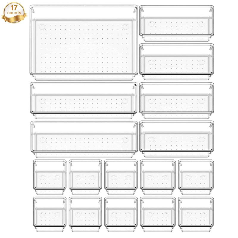 Clear Drawer Storage Box, 6 Counts 13pcs 17pcs Multifunctional Bathroom & Dressing Table Drawer Organizer Tray, Kitchen & Office Storage Box