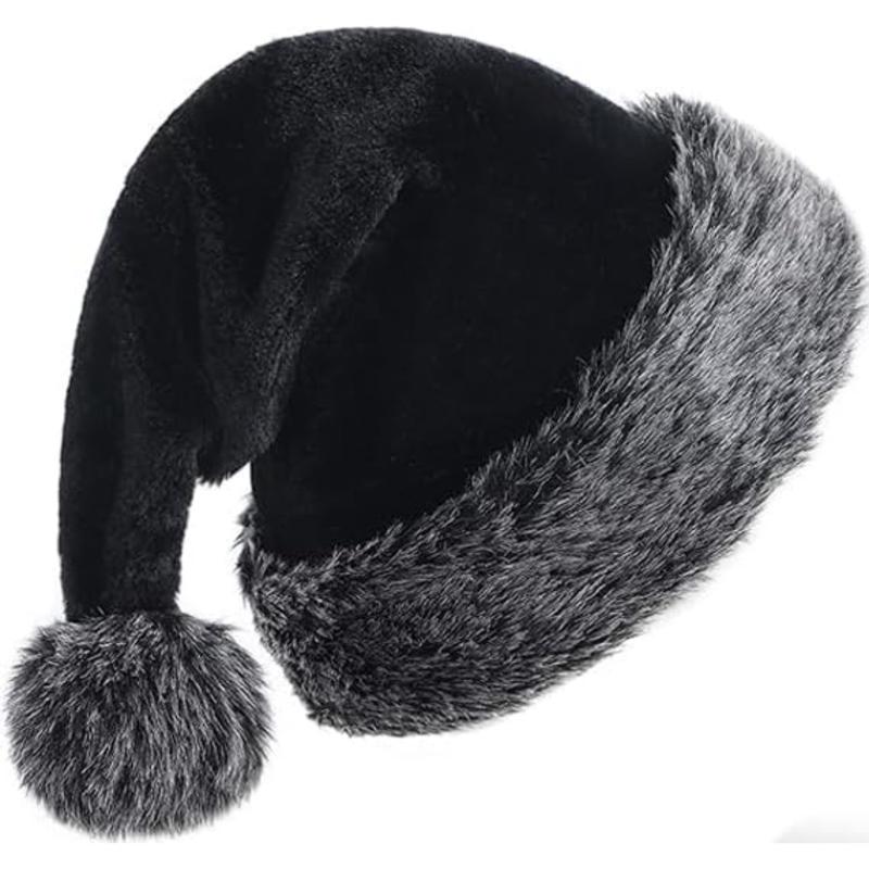 Black Christmas Hats for Adults Plush Black Santa Hat Xmas Fluffy Santa Claus Hat for Women Men