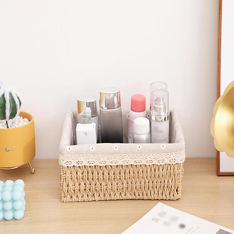 Random Color Rattan Woven Cosmetic Storage Basket, Makeup Organizer, Rectangular Wicker Basket Bin, Natural Woven Storage Organizer, Summer for Gifts