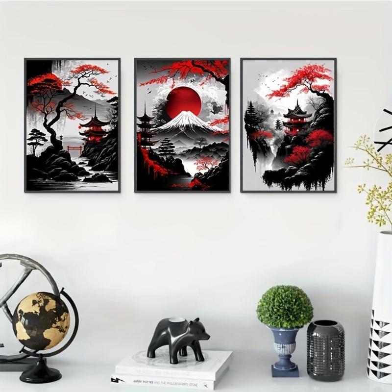 Comic Chinese Landscape Pattern Canvas Painting without Frame (3pcs set), Vintage Ink Art Wall Art Print for Living Room Bedroom Home Decor, Wall Art for Home and Office Wall Decor, Room Decor