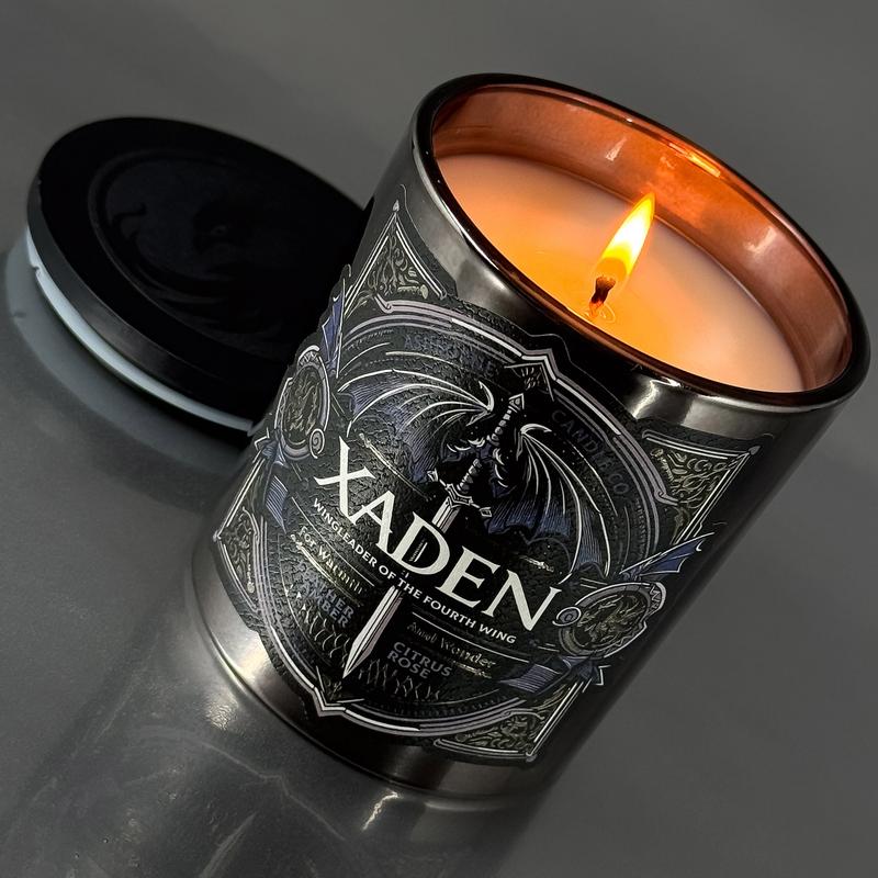 Xaden - Fourth Wing Inspired 8oz Scented Candle - Leather, Amber, Citrus, Rose - Natural Coconut Wax - 35 h Burn Time - Premium Foil Label dark candles