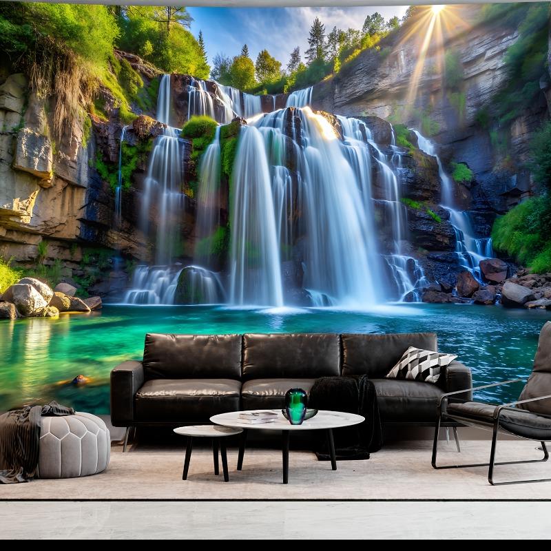 Christmas 2024 Ornament - Extra-Large Waterfall & Sunlit Landscape Tapestry - Polyester Wall Hanging for Living Room, Bedroom, Office Decor - Easy Install