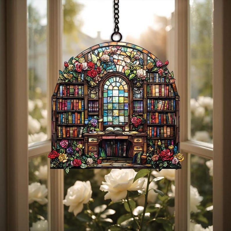 Book Lover’s Library Bookshelf Suncatcher, Acrylic Faux Stained Glass, Bookish Window Hanging Decor, Librarian and Teacher Gift Room Decor