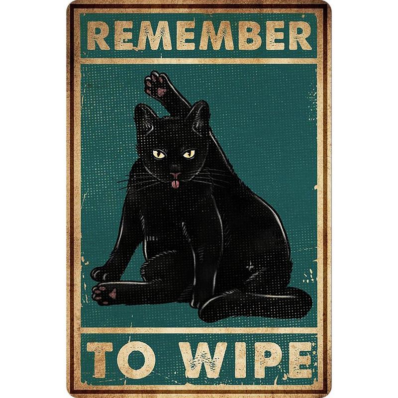 Remember to Wipe Funny Black Cat Poster Vintage Cat Bathroom Sign Decor, Aluminum, 12