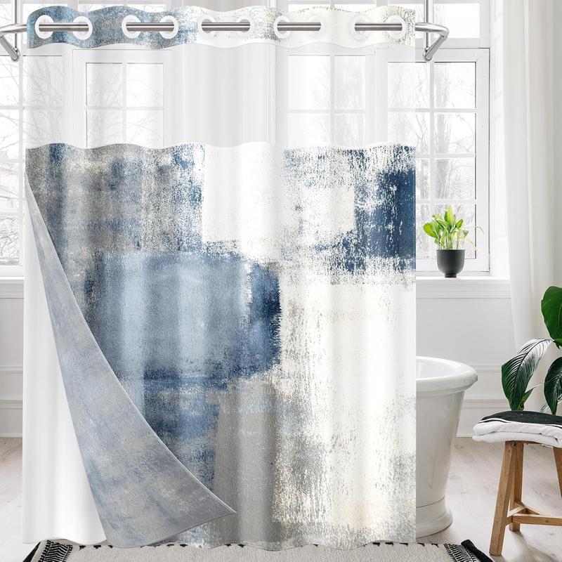 No Hook Blue Grey Painting Shower Curtain with Snap-in Liner, Contemporary Double Layers Waterproof Fabric with See Through Top Window Open Grommet Bath Curtain Light Hanging Set