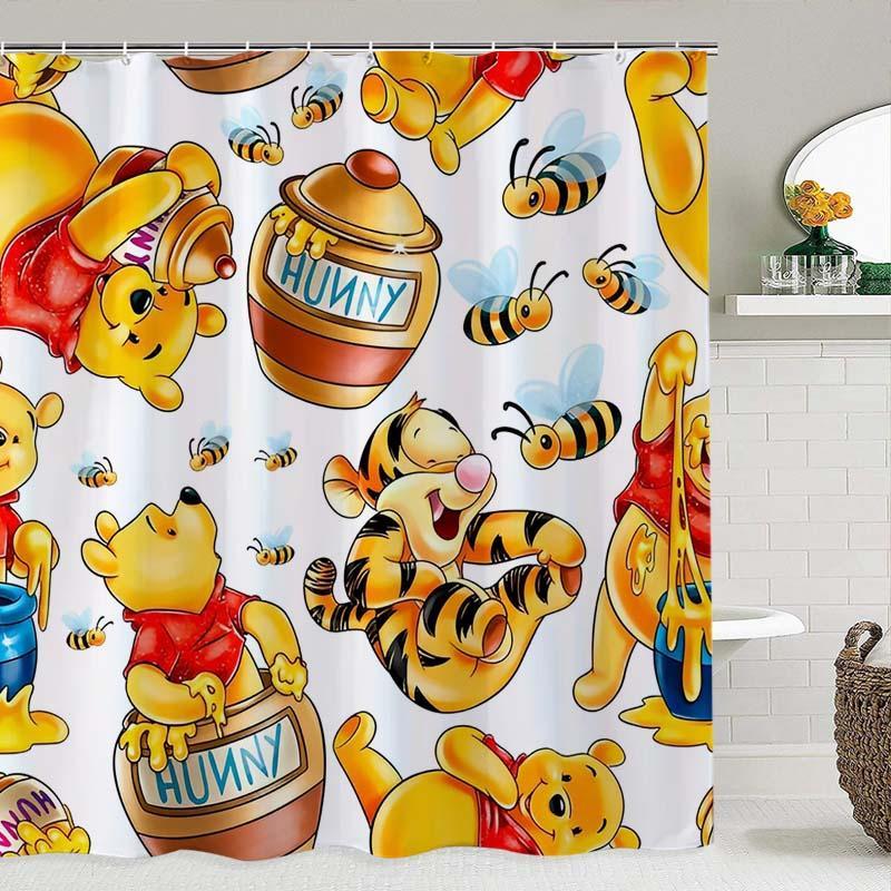 Winnie The Pooh Pattern Shower Curtain, 1 Count Waterproof Bathroom Curtain with Hooks, Bathroom Decor Supplies for Home Hotel Salon Dormitory