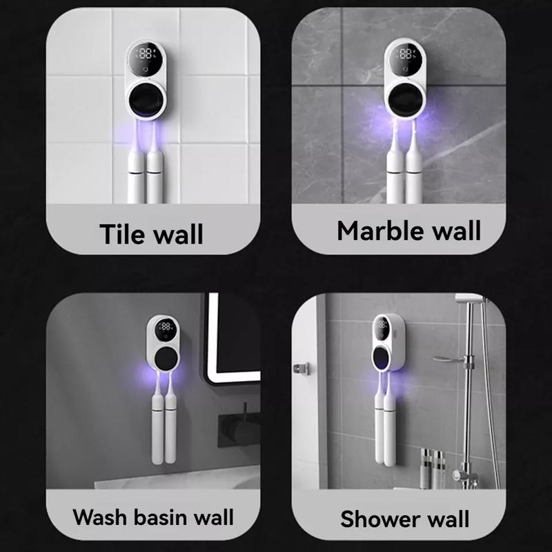 Wall-Mounted UV Toothbrush Sanitizer Holder - 2 Slots, Rechargeable & Cordless with Smart Features Light Pad