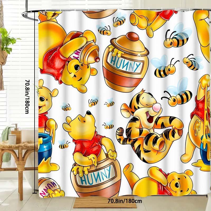 Winnie The Pooh Pattern Shower Curtain, 1 Count Waterproof Bathroom Curtain with Hooks, Bathroom Decor Supplies for Home Hotel Salon Dormitory