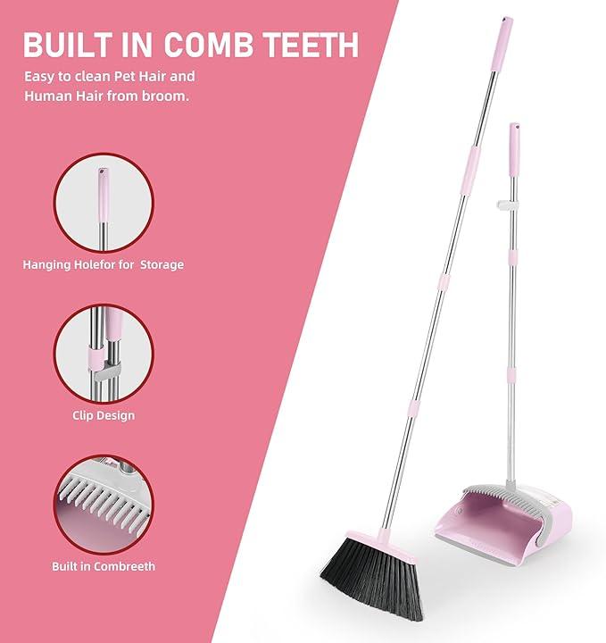 Broom and Dustpan Set, Outdoor Broom Dustpan Combo Set Home Commercial Cleaning Supplies Angle Broom with Long Handle Perfect for Courtyard Garage Street Pink