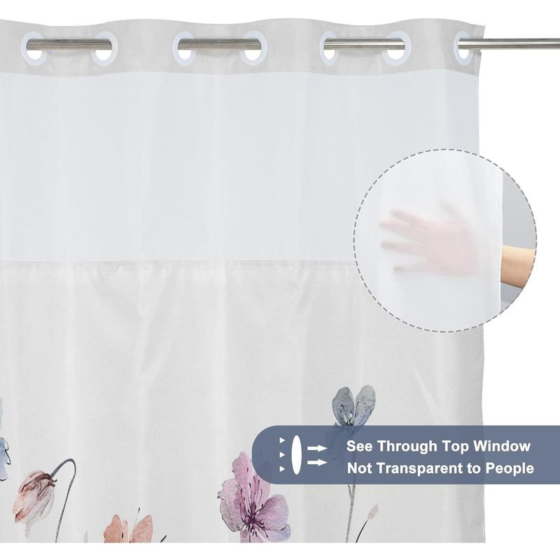 No Hook Shower Curtain with Snap in Liner Watercolor Floral Shower Curtain and Liner Set Double Layers Waterproof Fabric and See-Through Top Window Bathroom Decorative 71x74inch Colorful Flower