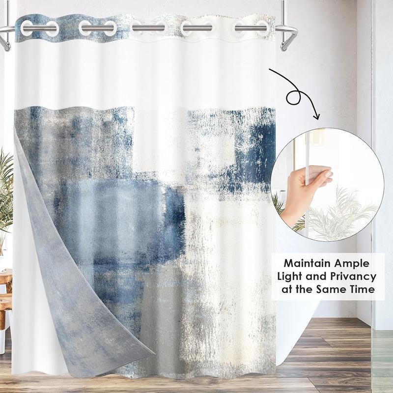 No Hook Blue Grey Painting Shower Curtain with Snap-in Liner, Contemporary Double Layers Waterproof Fabric with See Through Top Window Open Grommet Bath Curtain Light Hanging Set