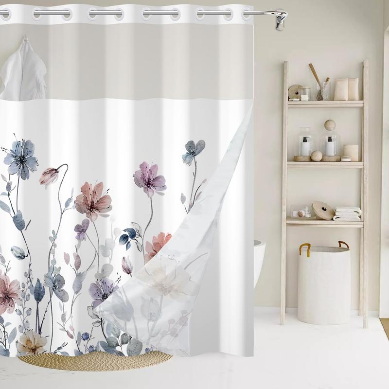 No Hook Shower Curtain with Snap in Liner Watercolor Floral Shower Curtain and Liner Set Double Layers Waterproof Fabric and See-Through Top Window Bathroom Decorative 71x74inch Colorful Flower