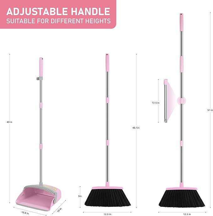 Broom and Dustpan Set, Outdoor Broom Dustpan Combo Set Home Commercial Cleaning Supplies Angle Broom with Long Handle Perfect for Courtyard Garage Street Pink