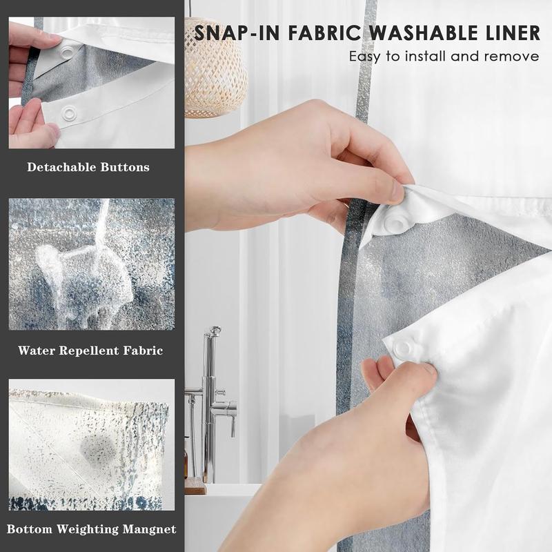 No Hook Blue Grey Painting Shower Curtain with Snap-in Liner, Contemporary Double Layers Waterproof Fabric with See Through Top Window Open Grommet Bath Curtain Light Hanging Set