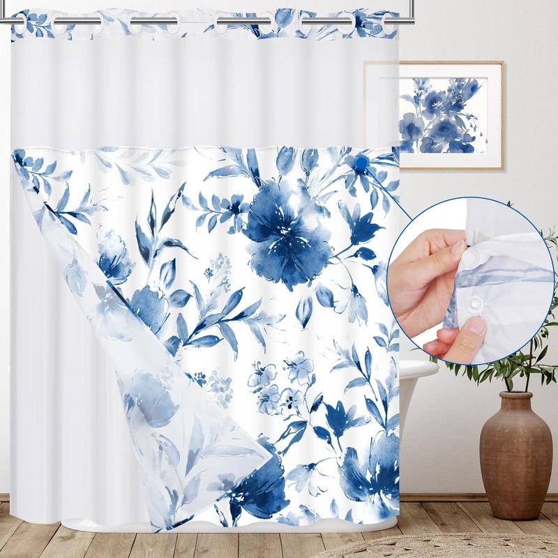 No Hook Shower Curtain with Snap in Liner, Navy Blue Floral Hotel Shower Curtain and Liner Set, Watercolor See Through Shower Curtain with Window, Double Layer, Waterproof