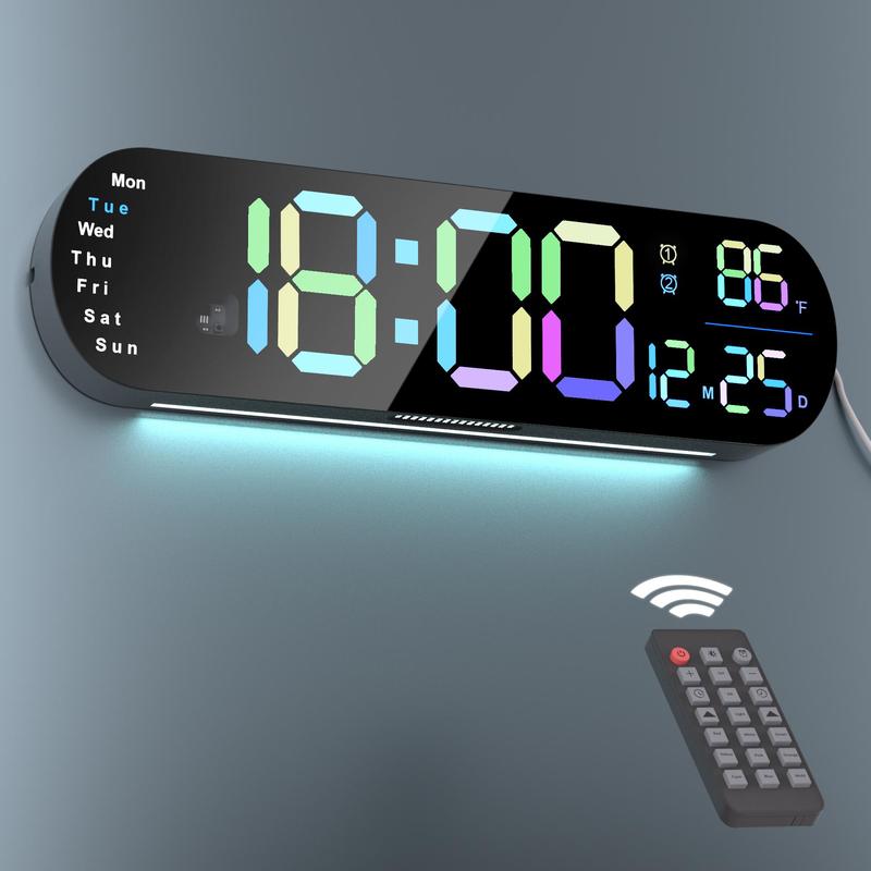 Digital Wall Clock with Remote, 13.7“ Large Display LED Alarm Clock with Time Date Temp Week, 12 24H, Adjustable Brightness for Living Room Decor Light Rgb