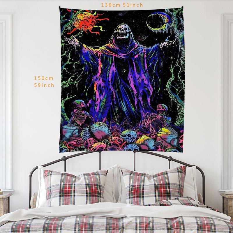 Skeleton Wizard Pattern Tapestry, 1 Count Colorful Gothic Wizard Skeleton Peach Fleece Hanging Tapestry, Wall Hanging Decor for Home Living Room Bedroom Dormitory