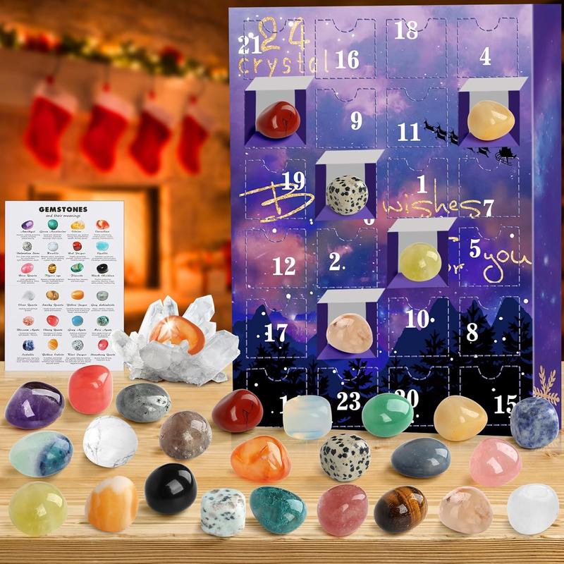 Advent Calendar 2024, 24 Days Natural Crystal Agate Stone Minerals & Fossils Gem Advent Calendars 2024 for Kids,Christmas Countdown Calendar Enthusiasts Rock Collection for Xmas Girls Boy Women Men