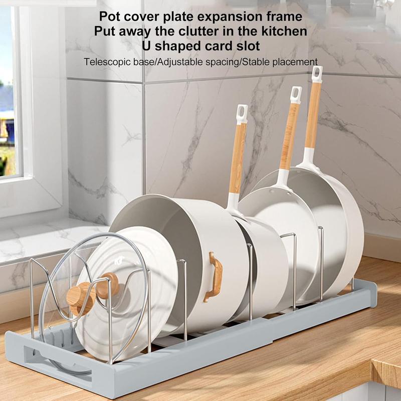 Expandable Pot and Pan Organizer Rack for Cabinet, Pot Lid Organizer Holder with 7 Stainless Steel Adjustable Dividers for Kitchen Cabinet Organizer and Storage 2024 Good kitchen Helper