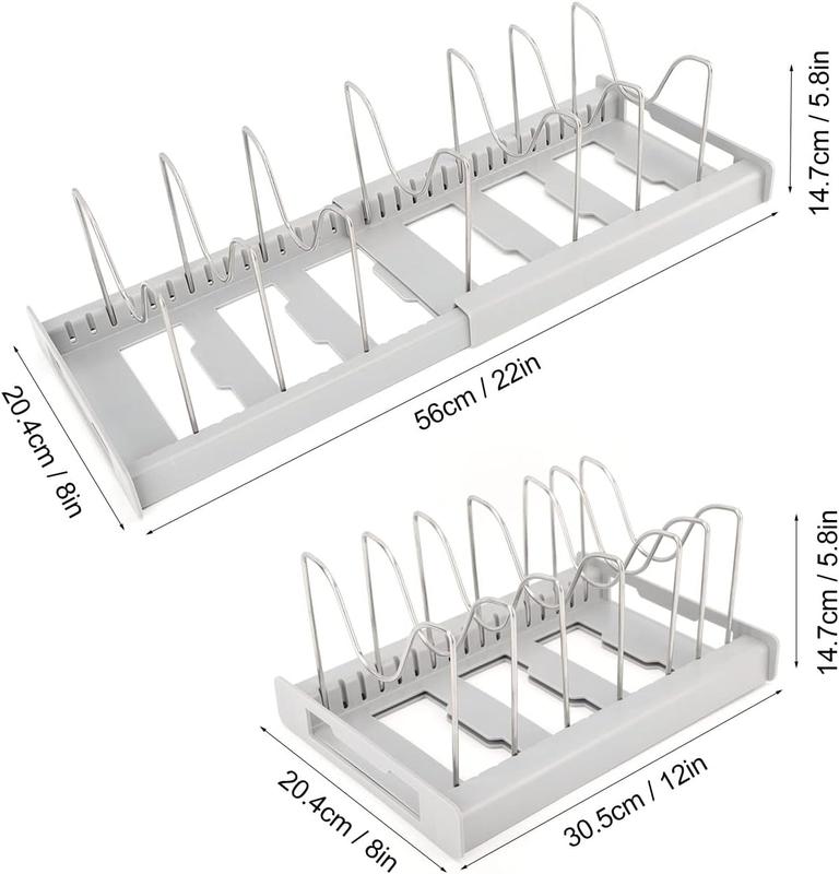 Expandable Pot and Pan Organizer Rack for Cabinet, Pot Lid Organizer Holder with 7 Stainless Steel Adjustable Dividers for Kitchen Cabinet Organizer and Storage 2024 Good kitchen Helper