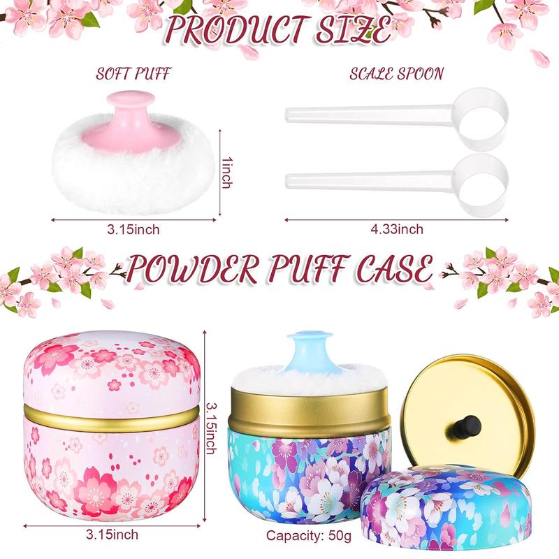 2 Pieces Soft Powder Puffs and Container Set with Spoon Loose Powder Tea Container Case