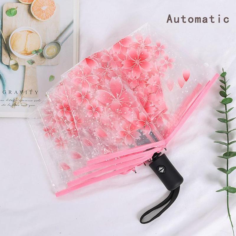 Foldable Umbrella, 1 Count Transparent Flower Pattern Umbrella, Portable Automatic or Manual Retractable Umbrella for Women & Girls