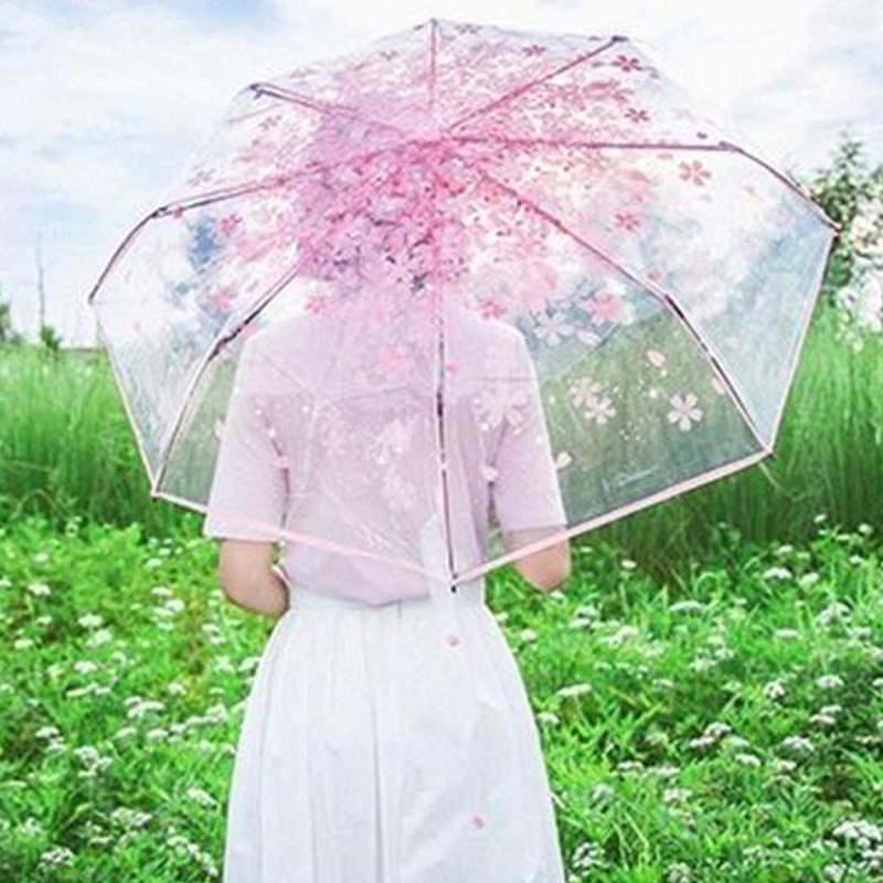 Foldable Umbrella, 1 Count Transparent Flower Pattern Umbrella, Portable Automatic or Manual Retractable Umbrella for Women & Girls