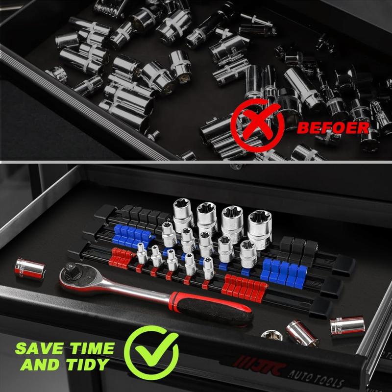 3-Count Socket Organizer Rail Set, Premium Socket Holder, Heavy-Duty Socket Rack Kit With 43 Clips 1 4-Inch x 16 Clips, 3 8-Inch x 15 Clips, 1 2-Inch x 12 Clips – Ideal for Tool Storage