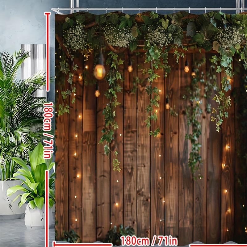 1pc Vintage Rustic Wooden Board Door Shower Curtain, Green Leaves On Farmhouse Country Wood Plank, Waterproof Polyester Fabric Countryside Life Bathroom Curtain, With 12 Hooks