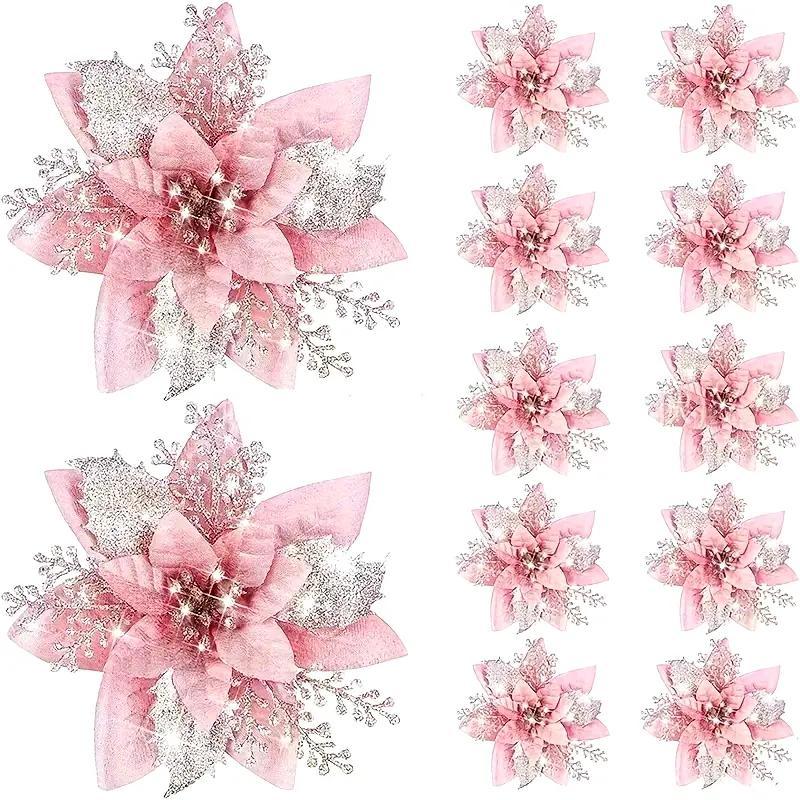 Glitter Flower Decoration, 10pcs set Artificial Flower Ornament, Faux Flower Decoration for Christmas & Home Party, Festive & Party Supplies