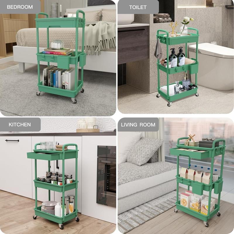 3-5 Tier Rolling Utility Cart with Drawer,  REBECAT Multi-functional cart is suitable for kitchen, bathroom, office and other scenes.