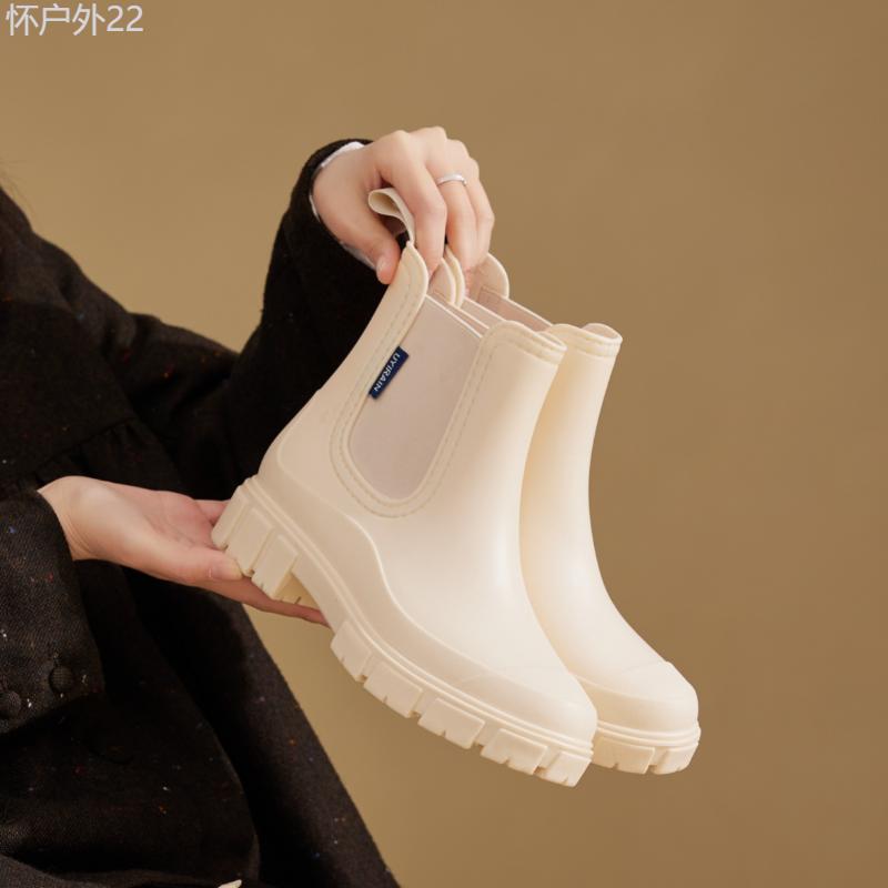 Women's Mid-calf Rain Boots, Fashionable Korean And Japanese Style, Waterproof And Non-slip Thick Sole, Elasticated Trim, Easy To Put On And Take Off The Pull Loop