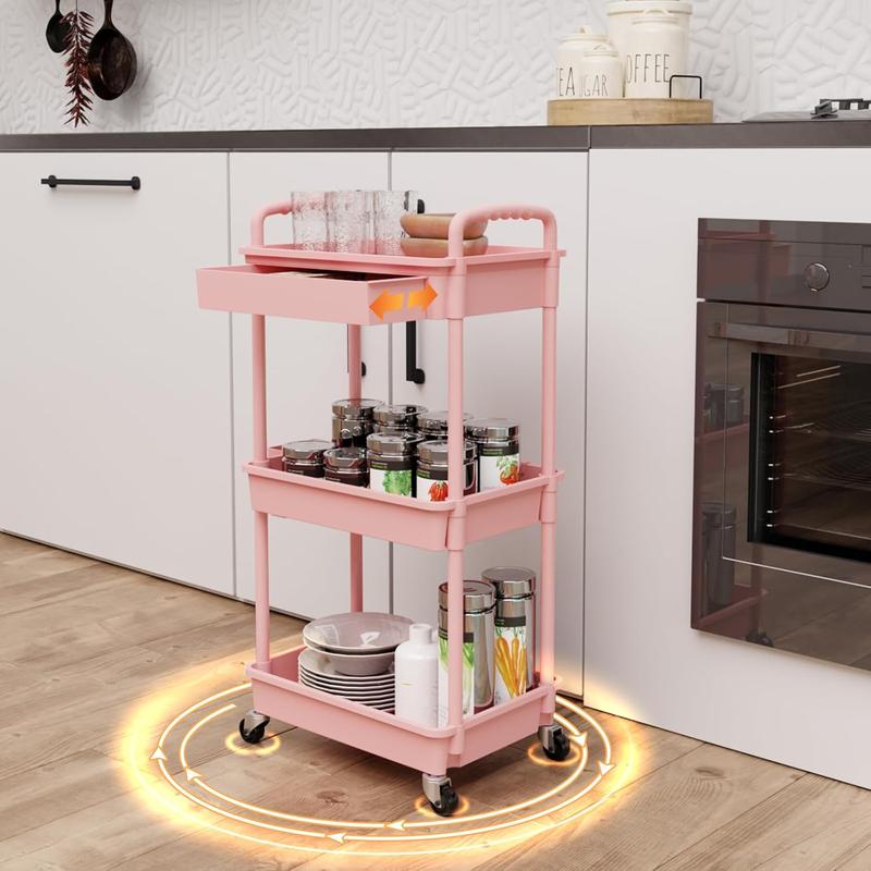 3-5 Tier Rolling Utility Cart with Drawer,  REBECAT Multi-functional cart is suitable for kitchen, bathroom, office and other scenes.