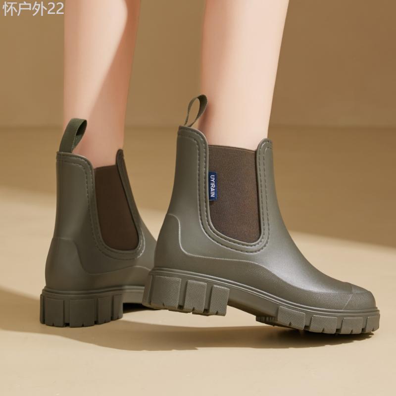 Women's Mid-calf Rain Boots, Fashionable Korean And Japanese Style, Waterproof And Non-slip Thick Sole, Elasticated Trim, Easy To Put On And Take Off The Pull Loop