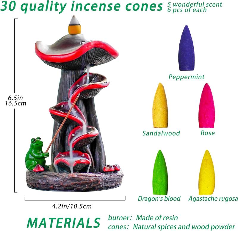 Cute Mushroom Incense Holder with 30 Incense Cones + 30 Incense Stick, Handmade Waterfall Backflow Incense Burner, Nature Theme Incense Burner, Adorable Home Decoration Scented Scent Freshener Fragrance Perfume Aroma