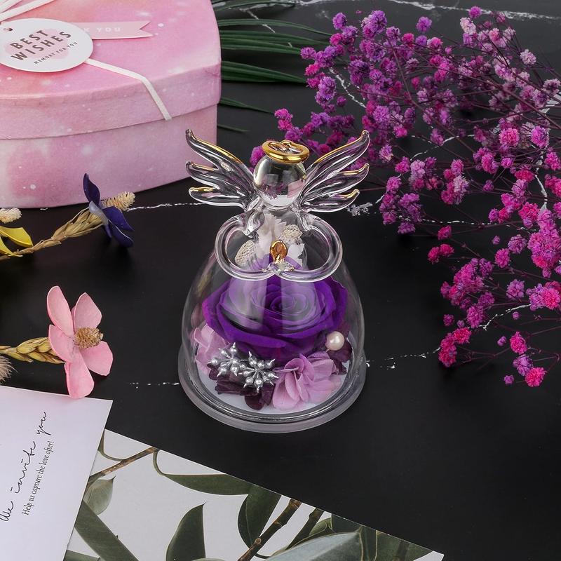 Preserved Flower Rose Gifts in Glass Angel Figurines,Birthday Gifts for Women,Angel Rose Gifts for Her,Christmas Rose Gifts for Mom Mothers Grandma,Real Flowers Purple Gift,Thanksgiving Gifts