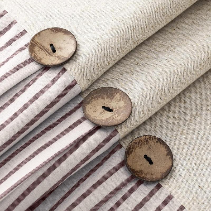 Button Farmhouse Beige Shower Curtain,Linen and Cotton Woven Fabric,Pleated Brown Stripe,Country Style,72x72 Inch