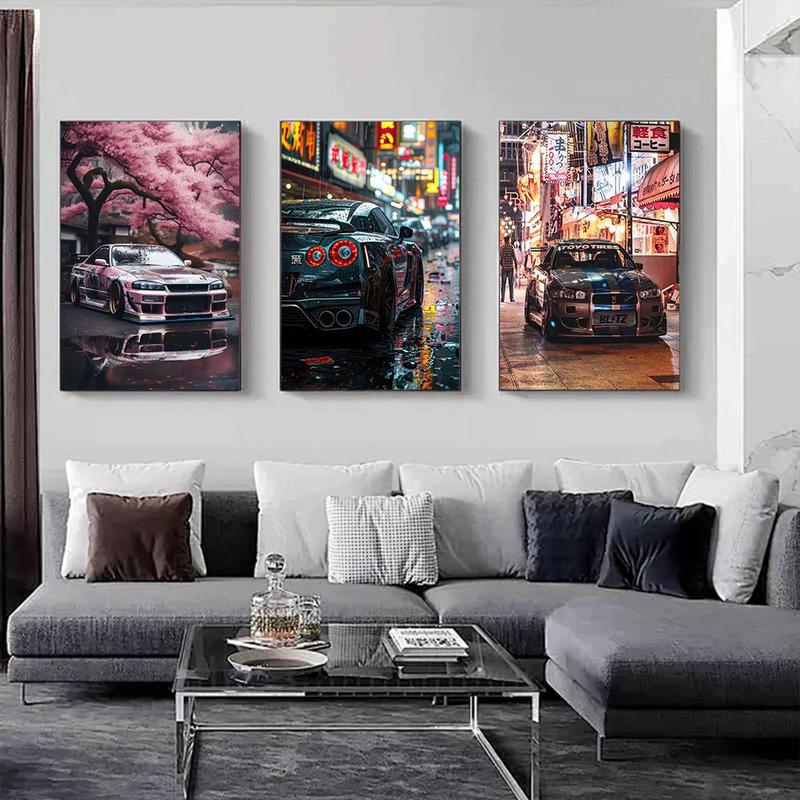 Fashion Car Pattern Canvas Painting without Frame, 3 Counts set Modern Neon Style Wall Art Painting, Wall Art Decor for Home Living Room Bedroom Office