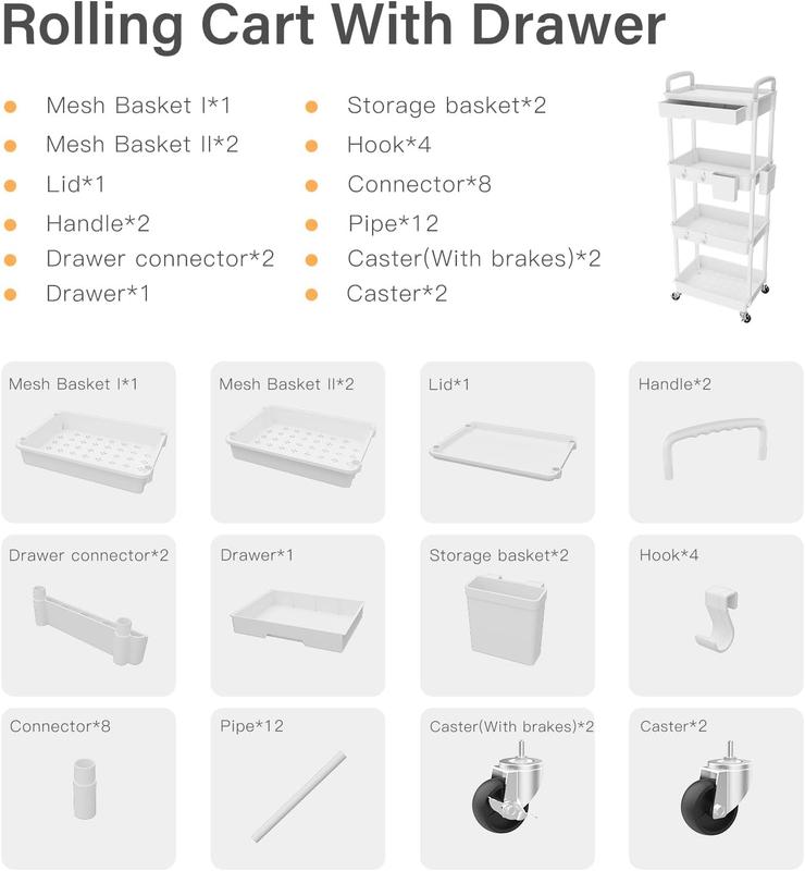 3-5 Tier Rolling Utility Cart with Drawer,  REBECAT Multi-functional cart is suitable for kitchen, bathroom, office and other scenes.