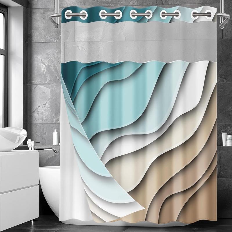 No Hook Colorful Abstract Light Shower Curtain with Snap-in Liner, Waves Relief Double Layers Waterproof Fabric with See Through Top Window Open Grommet Bath Curtain 71x74 Inch