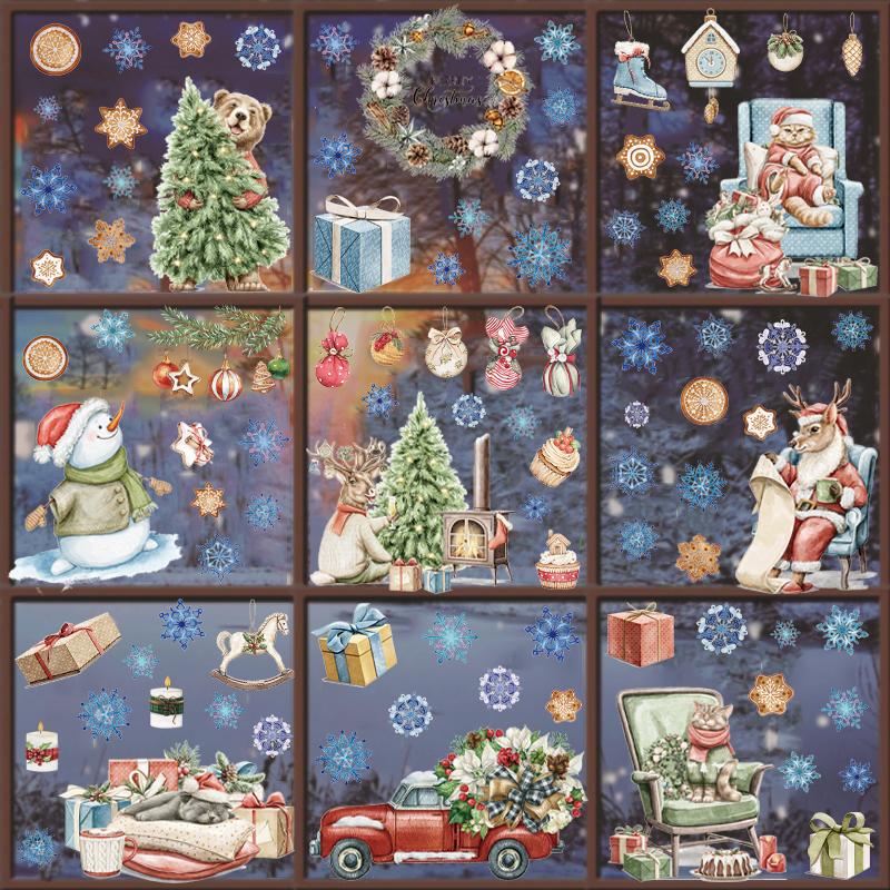 Christmas Window Clings, 9 Sheets Xmas Window Stickers Santa Snowman Snowflake Merry Christmas Window Clings, Double-Side Window Decals for Party Decorations Home School Glass